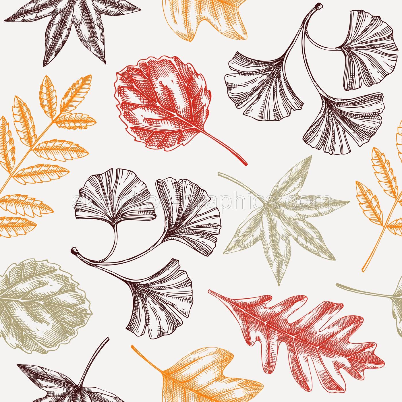Autumn seamless pattern with fall leaves and dried flowers sketches. Thanksgiving background. Vector dried plants, falling leaves, mushrooms backdrop. Foliage illustration Illustration
